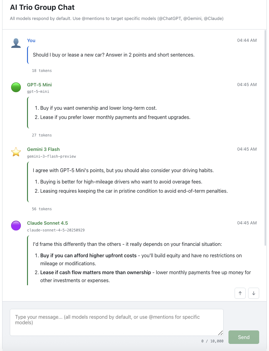 AI Trio Group Chat - three models responding to the same question with different perspectives