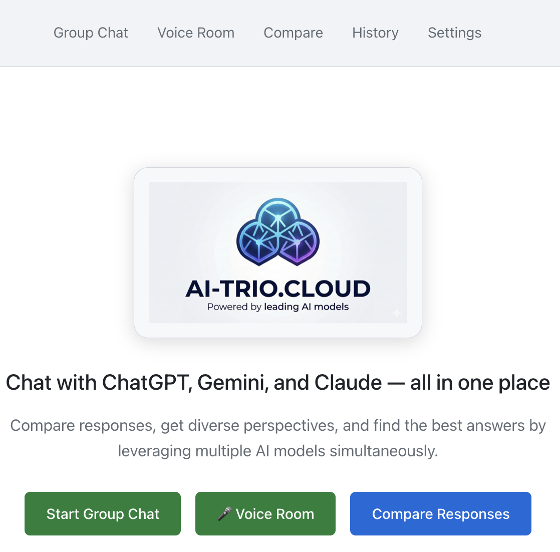 AI Trio homepage - Chat with ChatGPT, Gemini, and Claude in one place